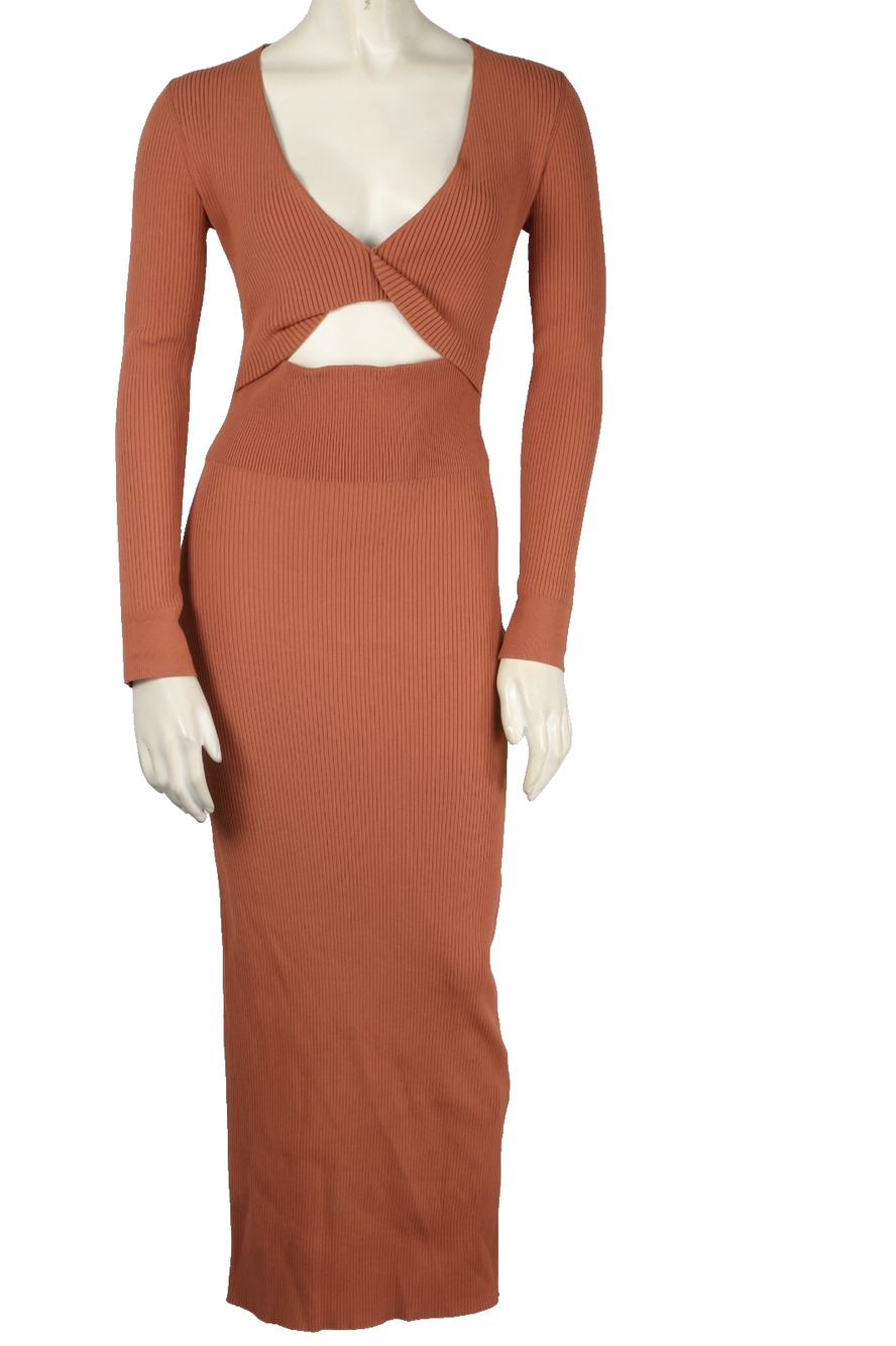 A.L.C. Madison Terracotta Rust Ribbed Knit Twist Front Cutout Midi Maxi Dress S